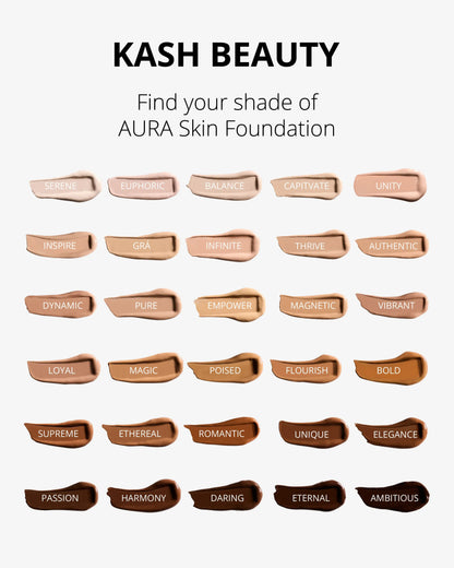 AURA Skin Foundation shade range swatches in various skin tones with names labeled on each shade.