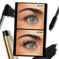 Before and after close-up of eye showing mascara application results, with mascara wand and tube.