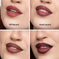 Four different lipstick shades on a person's lips with labels below each.