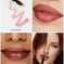 Collage of lipstick application and close-ups with a brand logo.