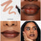 Collage of a lipstick with application, close-up of lips, and a model wearing the lipstick.