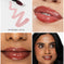 Collage of a lip oil product with close-ups of lips and a model wearing the color.