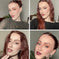 Woman with red hair showcasing makeup looks including glossy lips, eyeliner, and eyeshadow