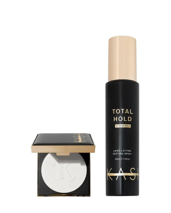 Long-lasting setting spray and pressed setting powder in black and gold packaging