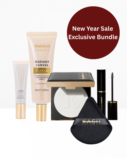 Makeup bundle with SPF50 primer, lip care, compact powder, mascara, and beauty sponge, labeled New Year Sale Exclusive Bundle.